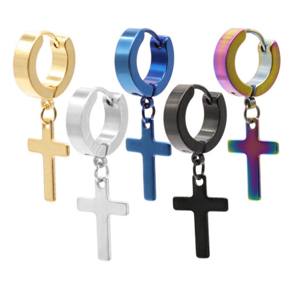 Mens Black Stainless Steel Cross Hoop Huggie Dangle Earrings 14mm Party Gift - Picture 4 of 4